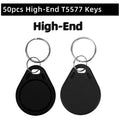 Two black plastic T5577 RFID key fob tags with metal key rings on a white background.
