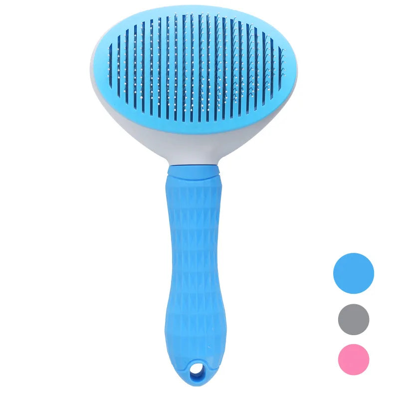 Blue pet slicker brush with white trim and a textured grip handle. Three colour options shown as circles to the side.