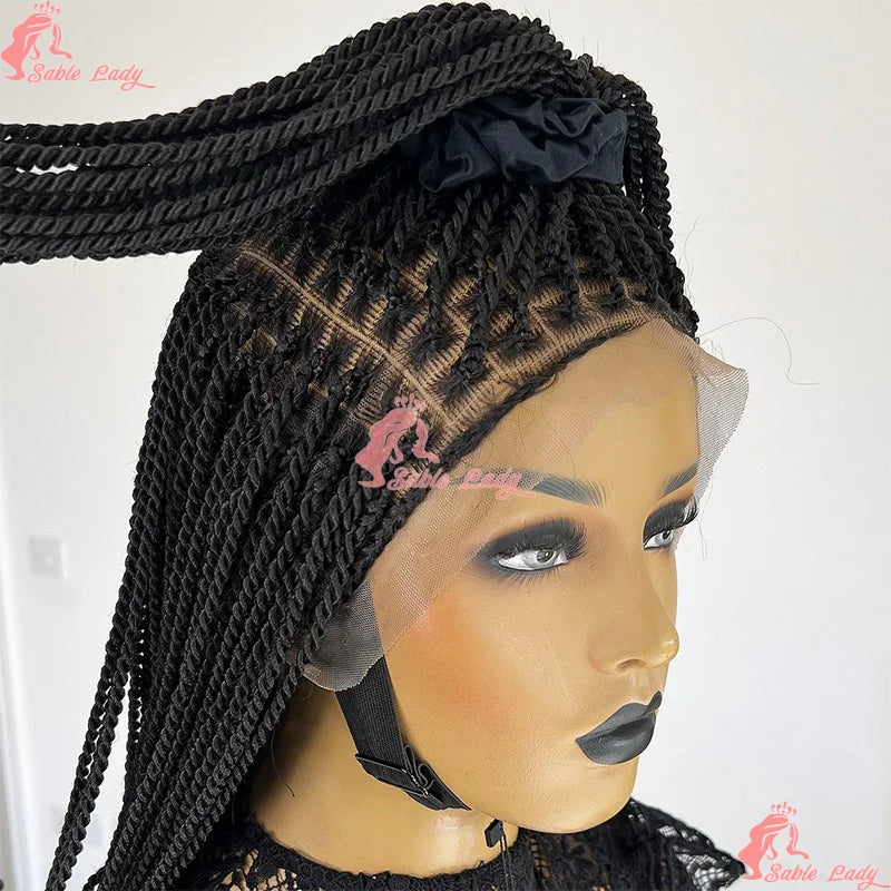 Black Senegalese twist lace front wig on mannequin, showing knotless box braids and lace part.