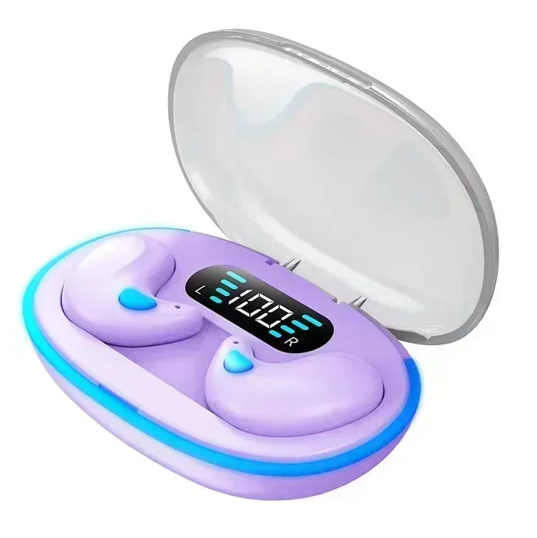Purple wireless earbuds in a charging case with a digital battery display and blue LED accent light.