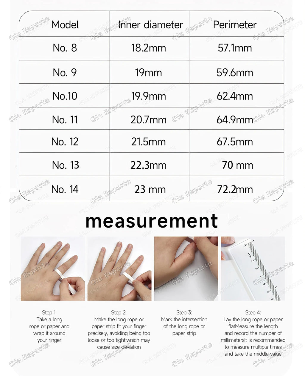 A size guide table and four-step visual instructions on how to measure your finger for the smart fitness ring.