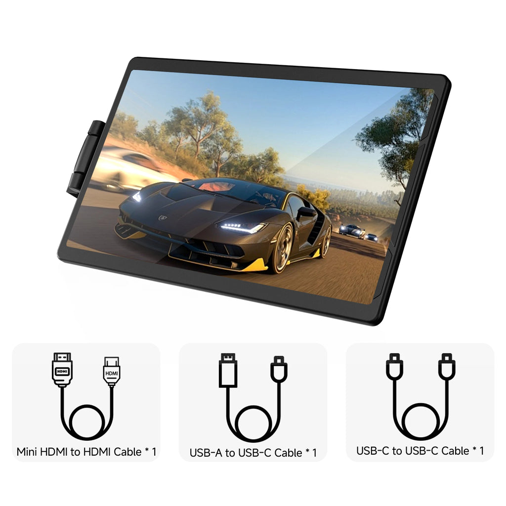 Slim 13.3-inch black portable FHD monitor displaying a sports car, includes HDMI and USB-C connection cables.