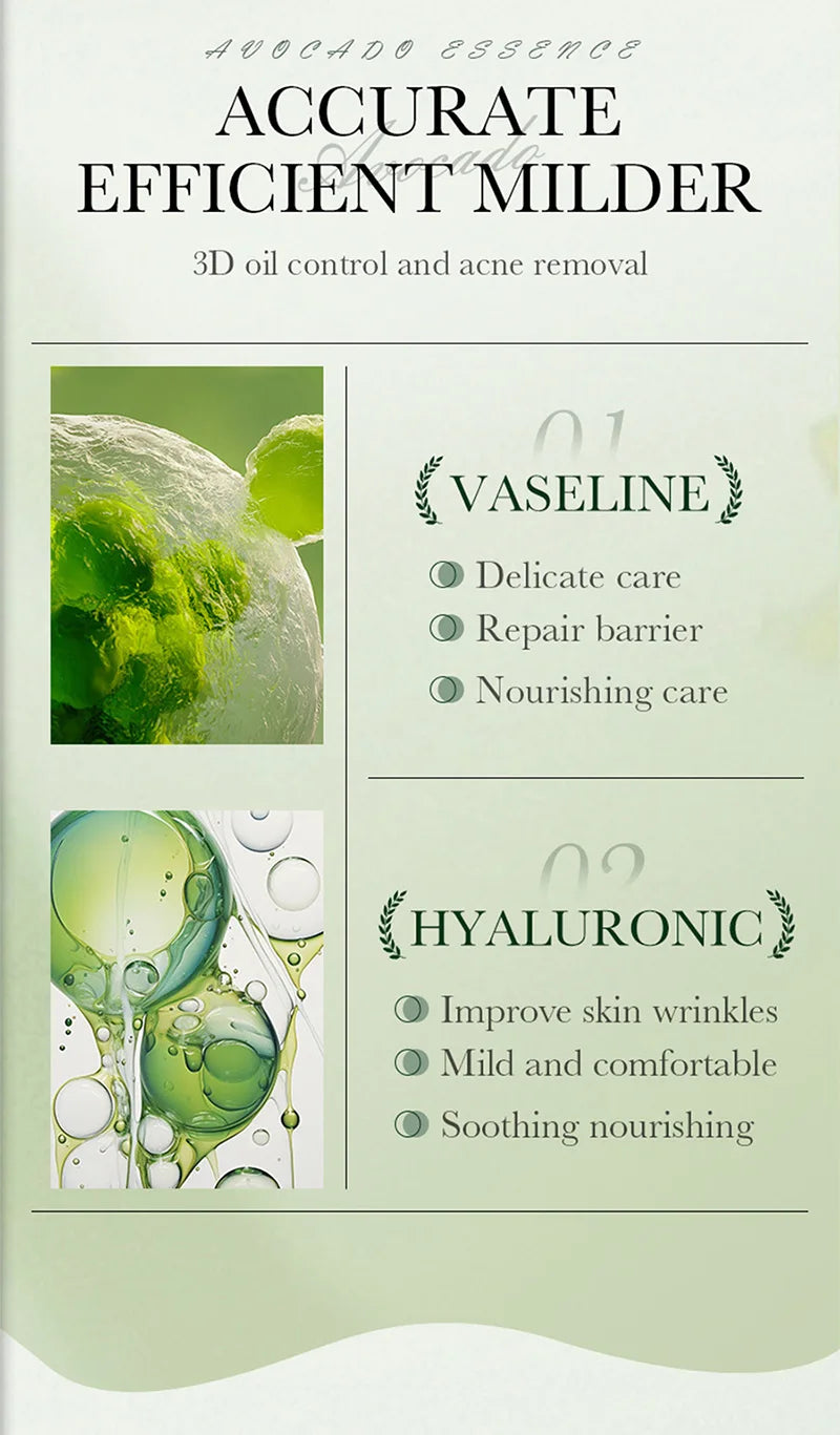 Avocado essence skincare infographic featuring 3D illustrations, ingredient benefits, and a soft green colour palette.