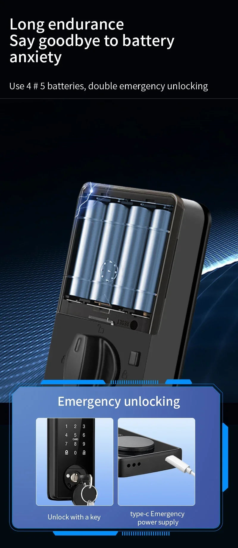 Black plastic smart door lock with four AA batteries, a manual keyhole, and a Type-C emergency power port.