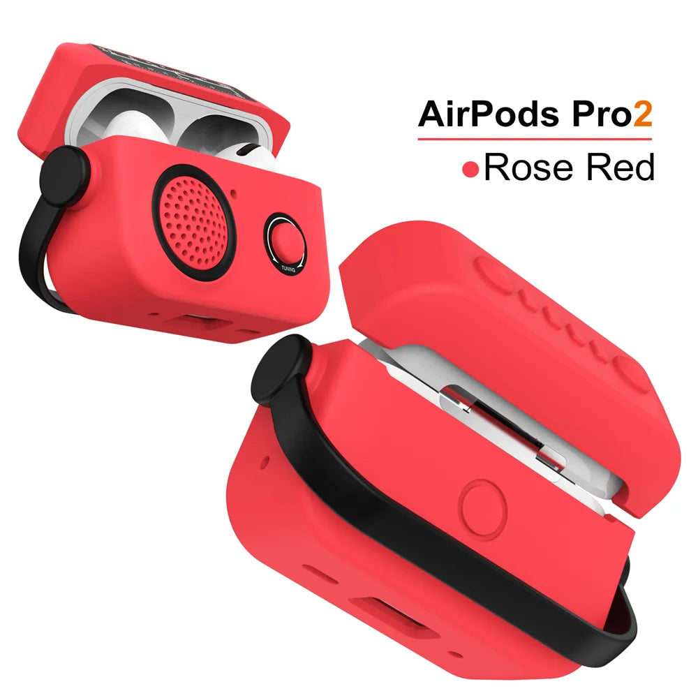 Rose red silicone protective case for AirPods Pro 2, styled like a vintage radio with a black carry handle.