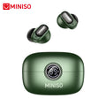 Dark green wireless earbuds with matching charging case featuring a digital battery display.