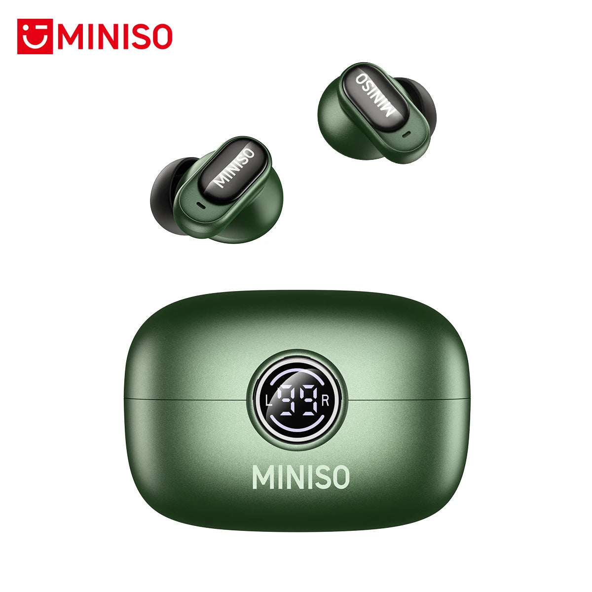 Dark green wireless earbuds with matching charging case featuring a digital battery display.
