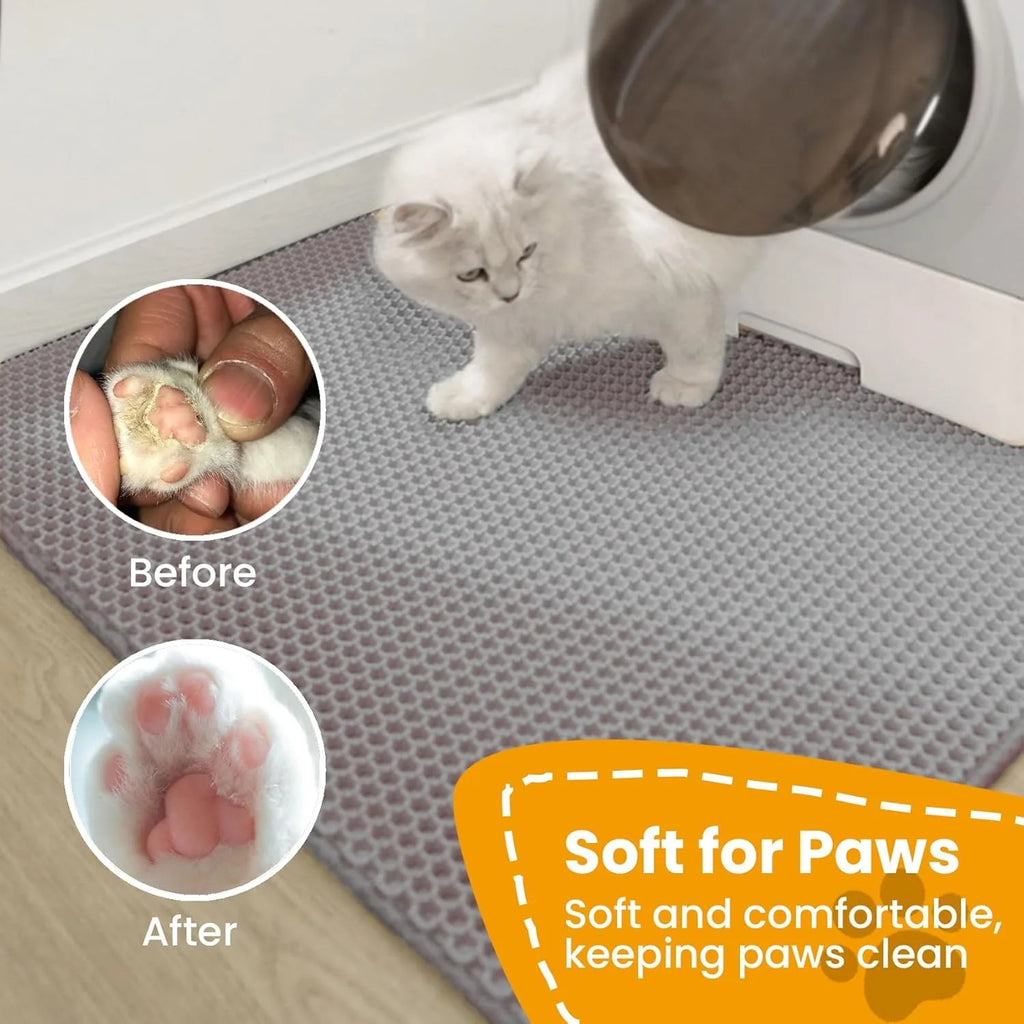 Grey double-layer honeycomb cat litter mat, showing a cat stepping on it with before-and-after paw cleaning results.