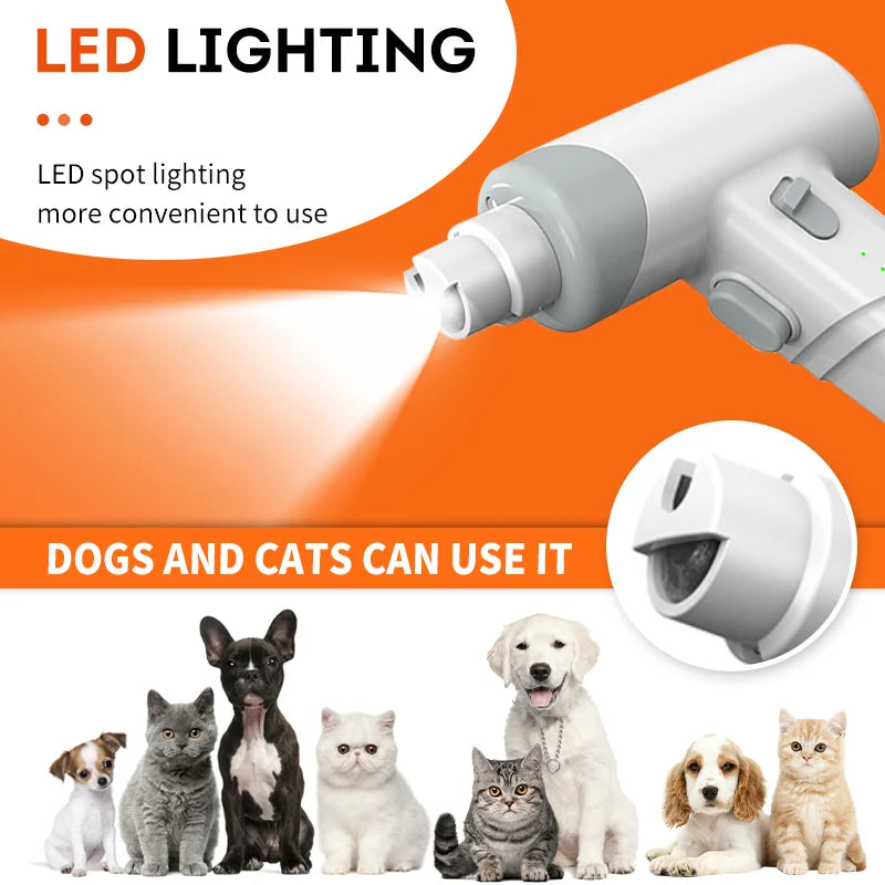 White electric pet nail grinder with LED light, two speed settings, and a protective cap for cats and dogs.