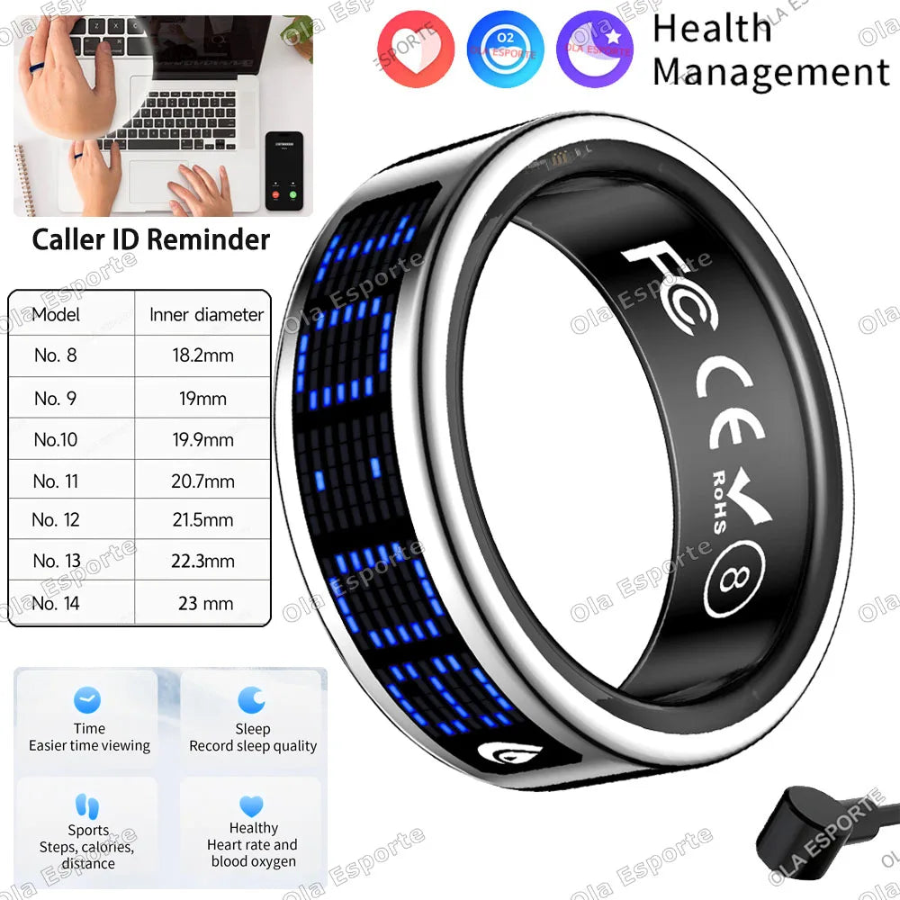 Sleek black smart fitness ring with a blue LED digital display, tracking heart rate, sleep, and physical activity.