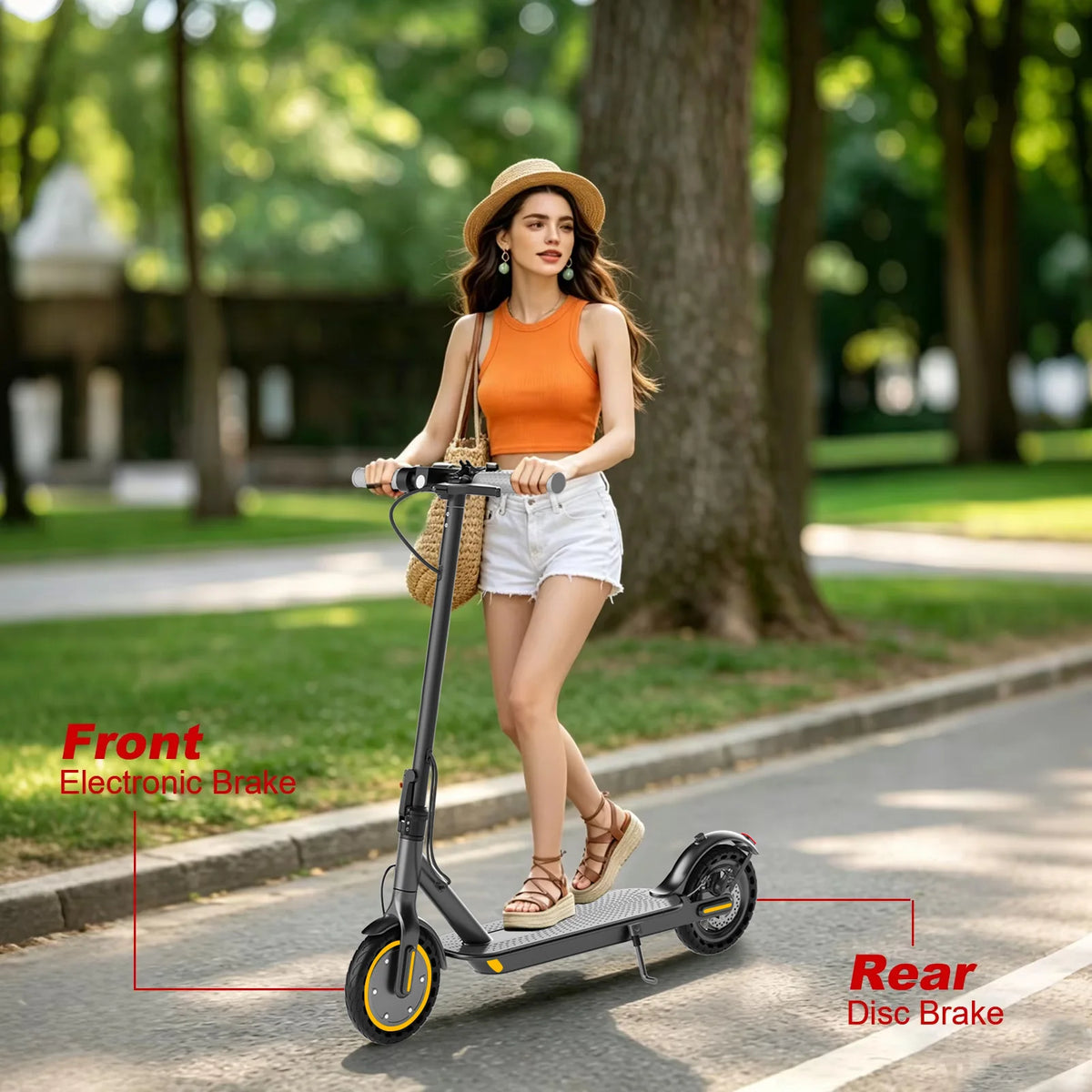 AOVOPRO black electric scooter with yellow-rimmed wheels, ridden on a paved path by a woman.