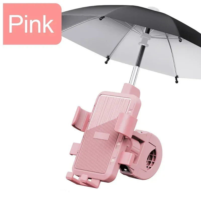 Pink mobile phone holder for bikes, featuring an adjustable mount and an attached mini sun/rain umbrella.