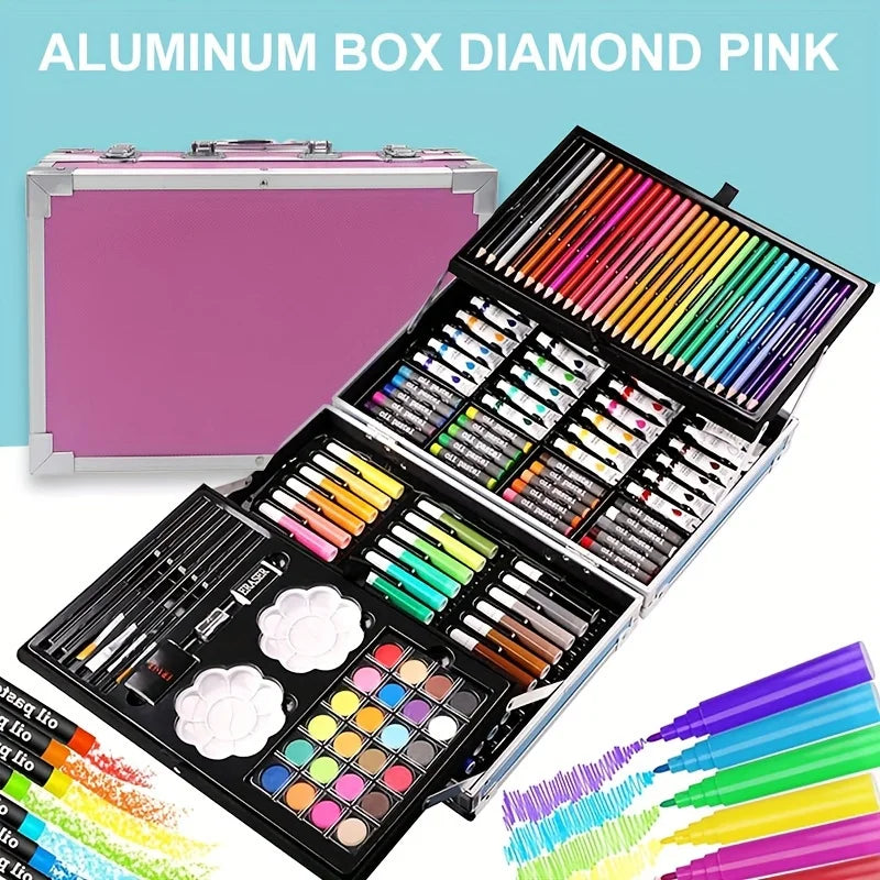 Pink aluminium carry case containing a comprehensive multi-tier art set with pencils, paints, pastels, and brushes.