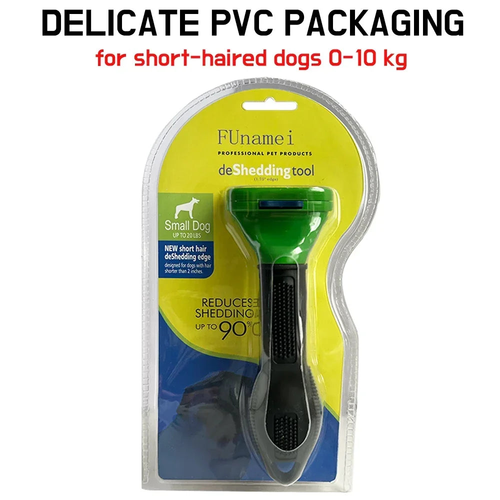 Green and black deshedding tool for small short-haired dogs in plastic blister packaging.