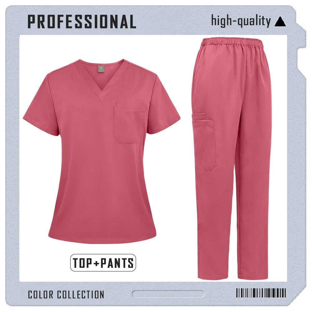 Unisex medical scrub set in dusty rose, featuring a V-neck top with chest pocket and matching trousers.