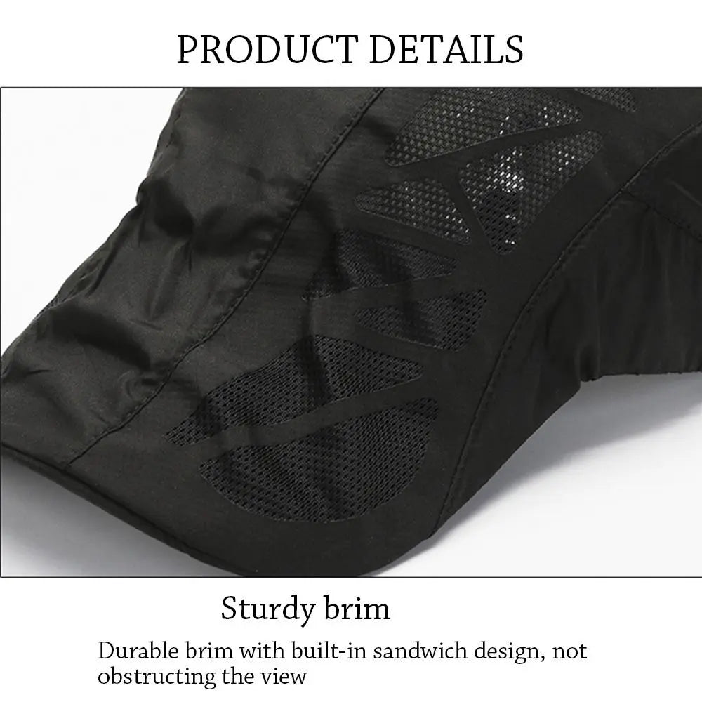 Close-up of a black flat cap featuring breathable mesh side panels and a sturdy, durable brim.