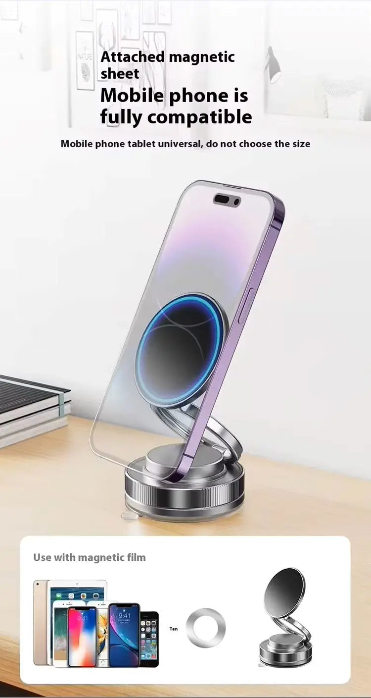 Silver magnetic phone and tablet stand with a round, foldable base, shown holding a smartphone upright.