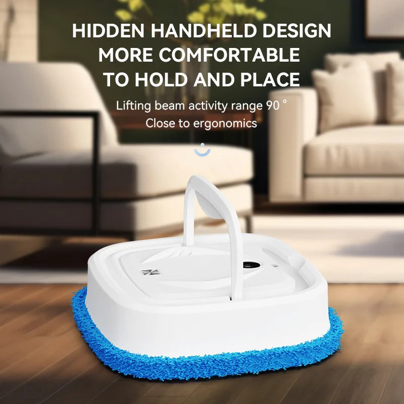 White robot mop with a blue fringe, handle upright, on a wooden floor in a living room.