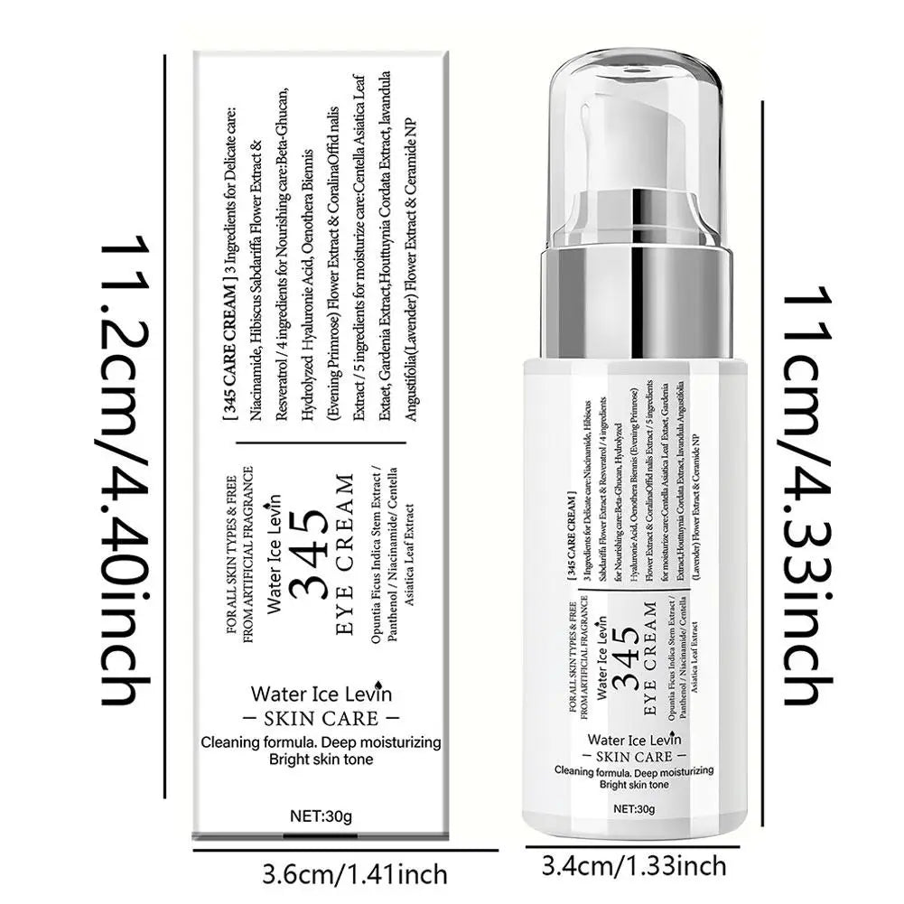 White 30g eye cream pump bottle and packaging box with ingredient details and dimensions shown on a white background.