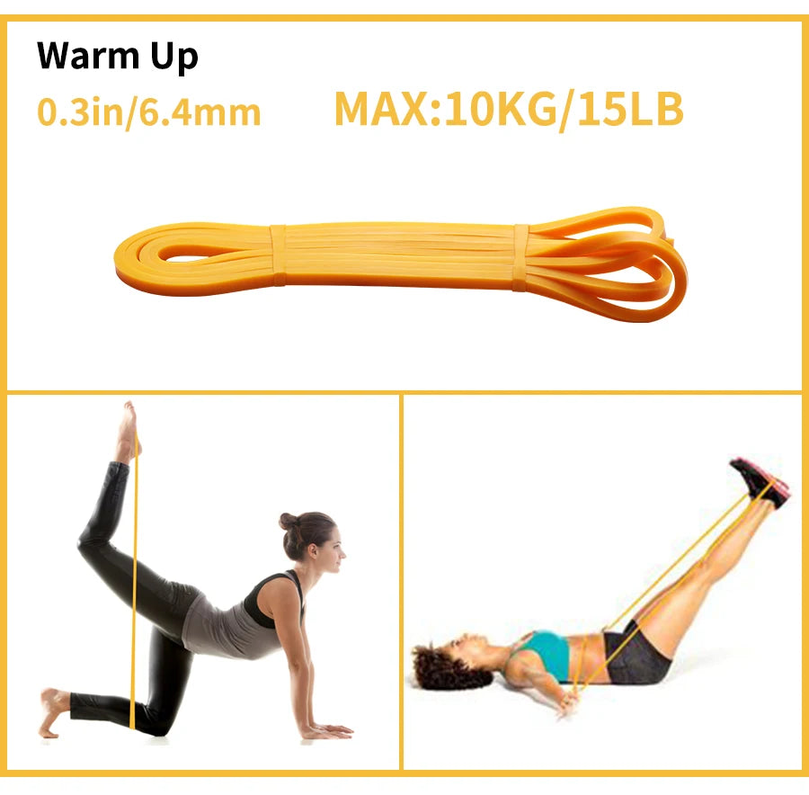 Yellow exercise resistance band, 6.4mm wide, 10kg max tension, with illustrations of people using it for fitness.