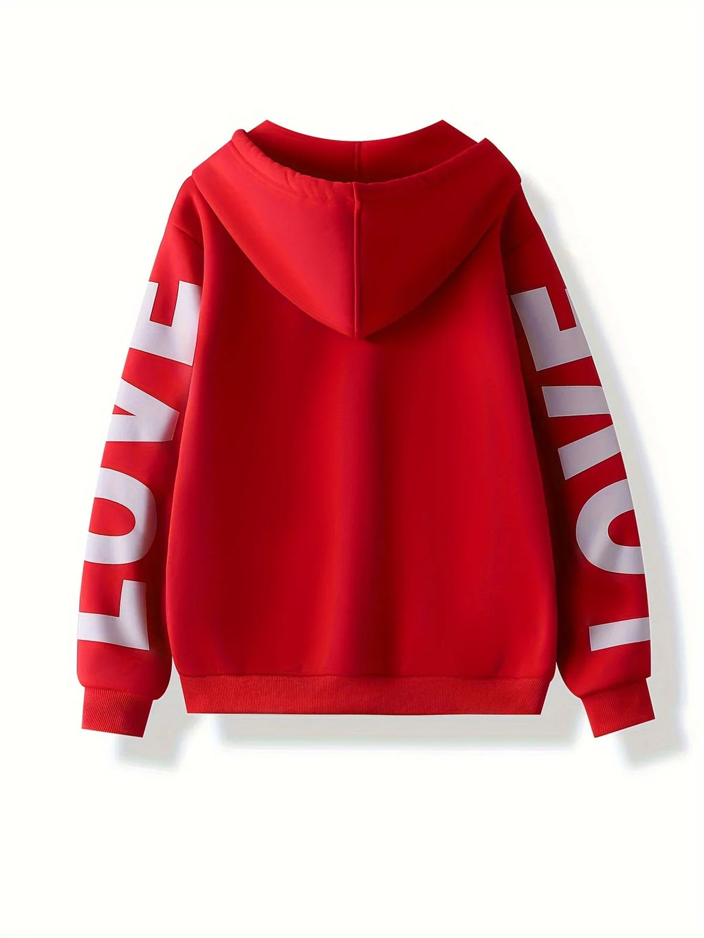 Bright red hoodie with a hood and white "LOVE" lettering printed down both sleeves.