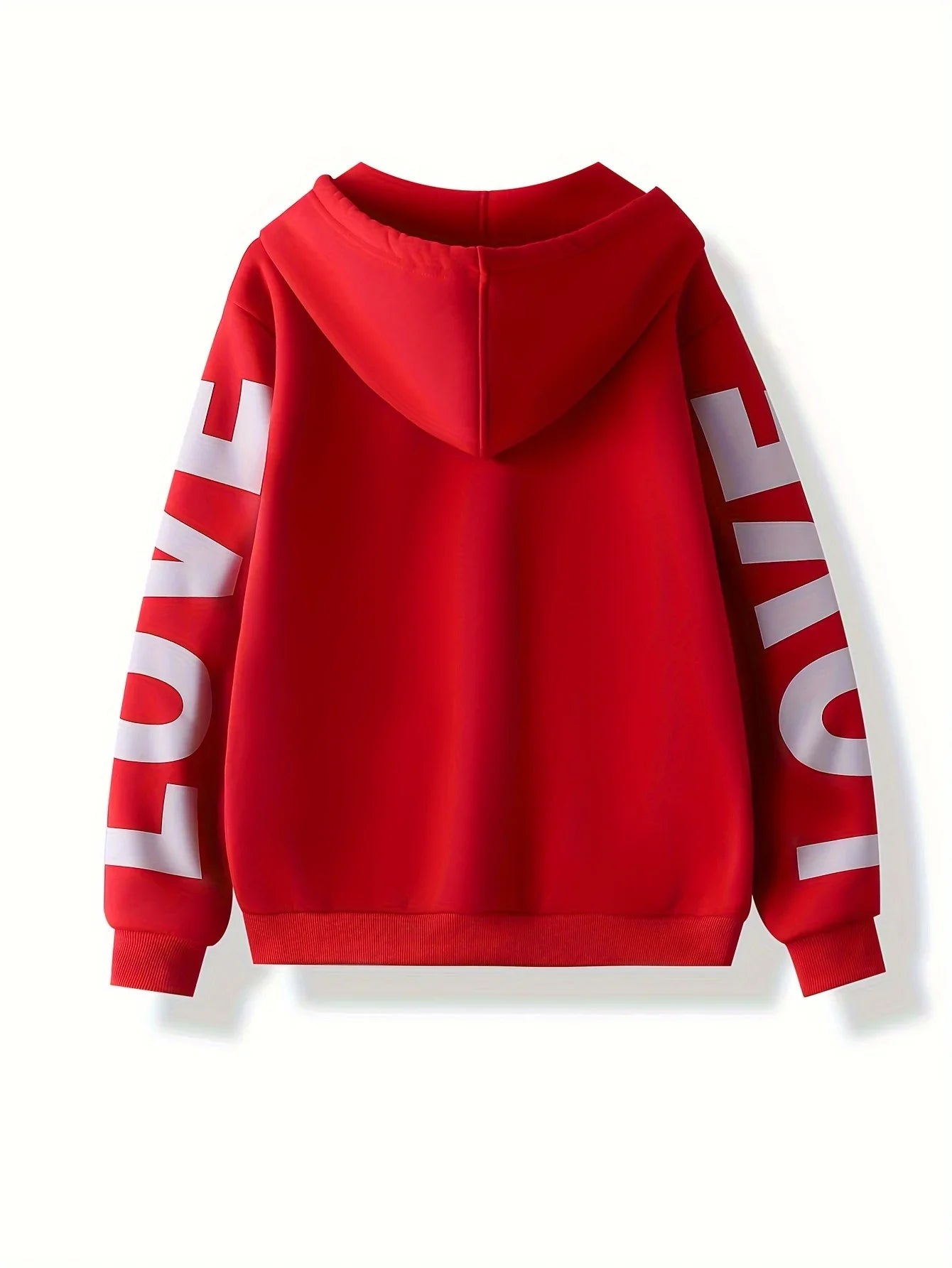 Bright red hoodie with a hood and white "LOVE" lettering printed down both sleeves.