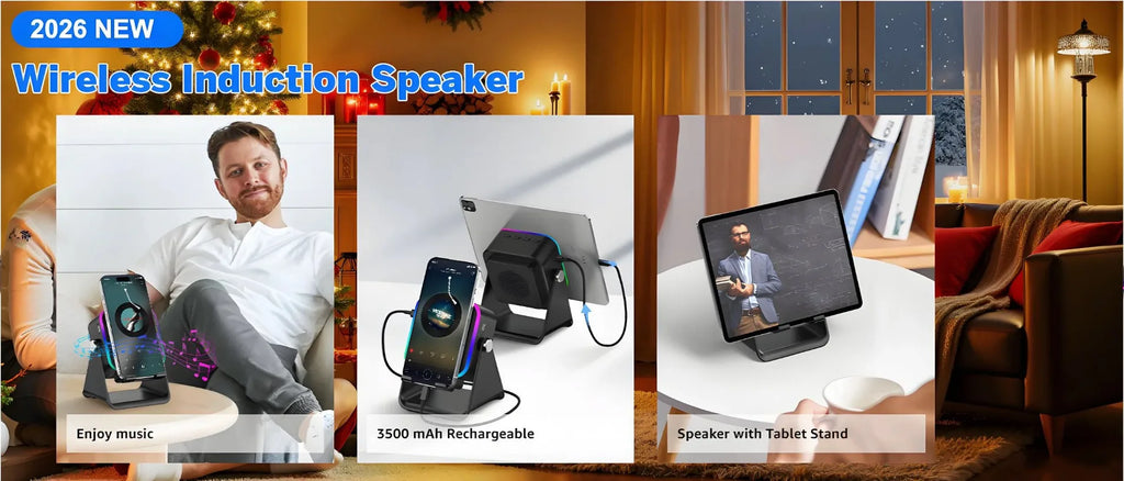 Black 5-in-1 portable Bluetooth speaker with RGB lighting, acting as a stand for smartphones and tablets.