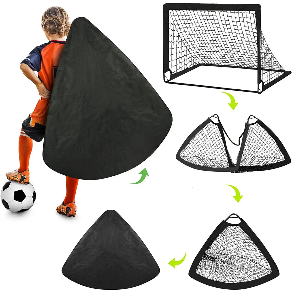 Portable black football goal that folds into a compact carry bag for easy transport and storage.