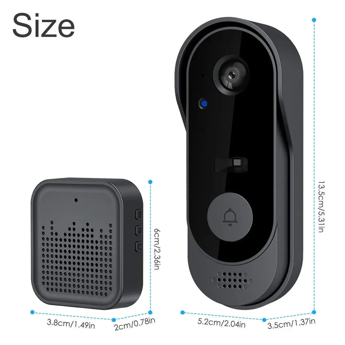 Sleek matte black wireless smart doorbell with camera and matching compact speaker chime, showing dimensions in cm/inches.