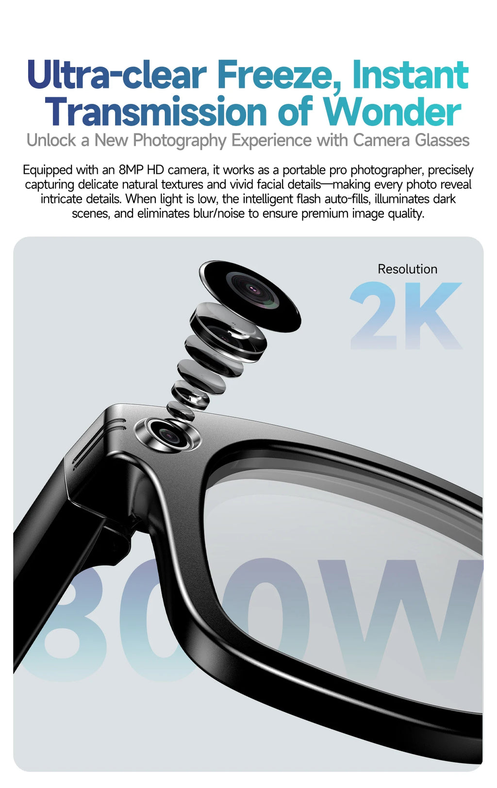 Black smart glasses with a sleek frame and a detailed, exploding view of the integrated 2K camera lens.