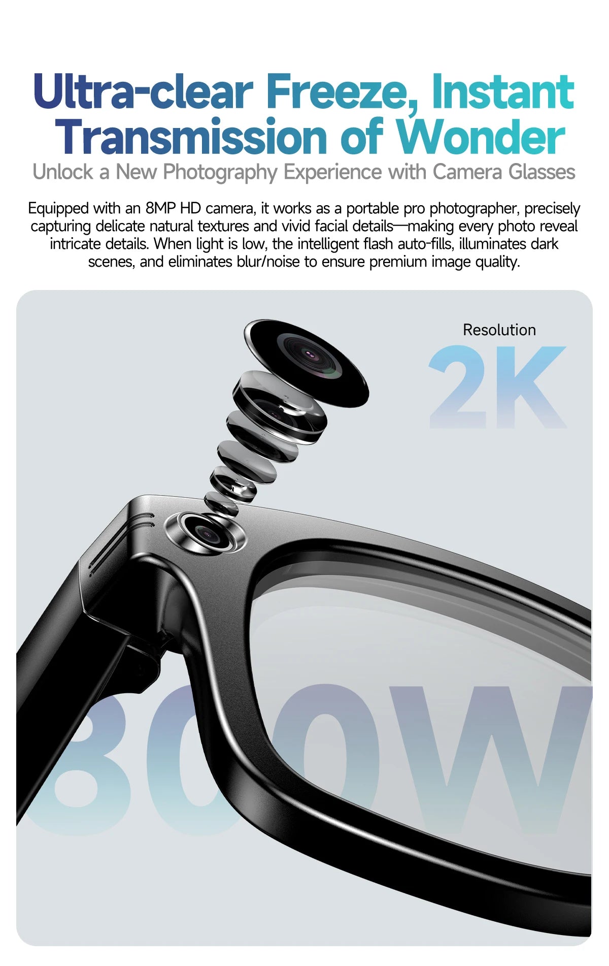 Black smart glasses with a sleek frame and a detailed, exploding view of the integrated 2K camera lens.