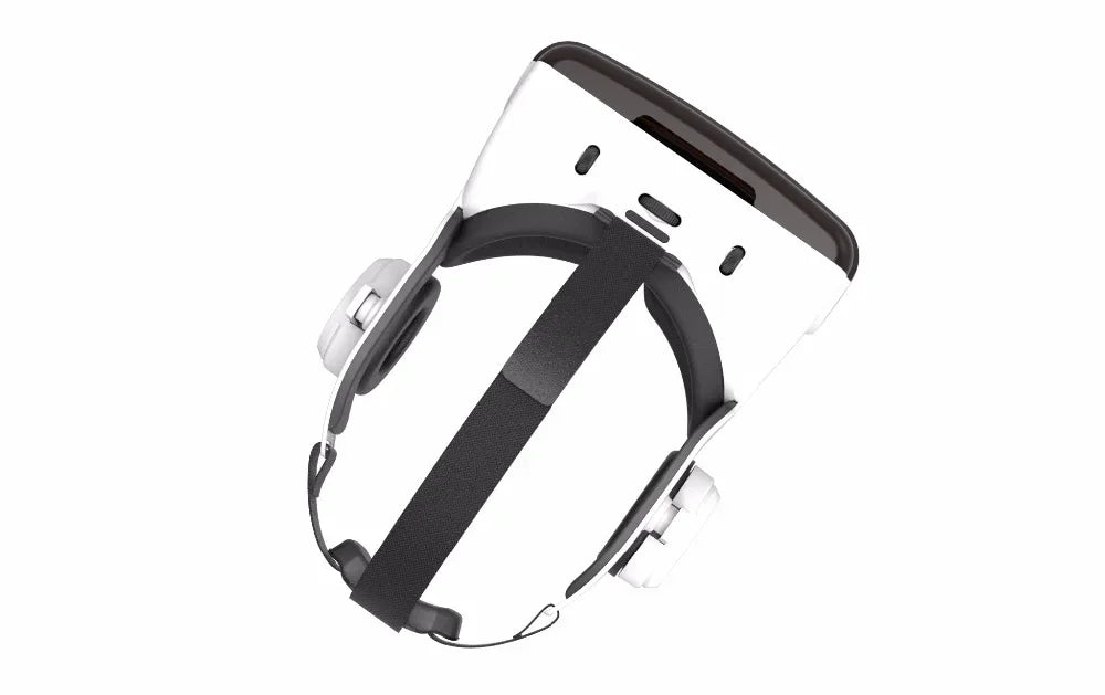 White and black 3D VR headset for smartphones, featuring an adjustable head strap and integrated side headphones.