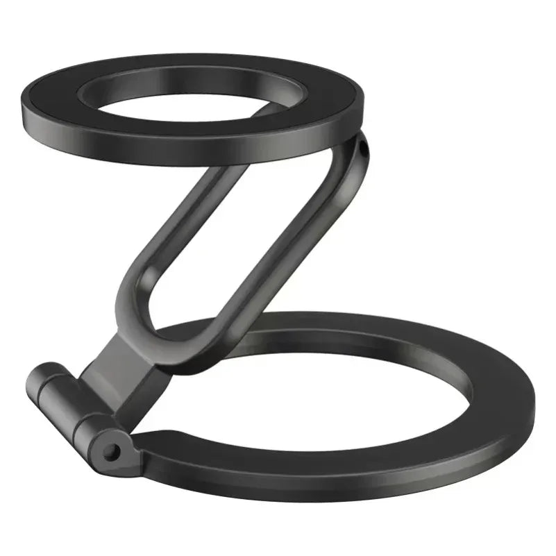 Black foldable ring phone stand with adjustable hinge, isolated on a white background.