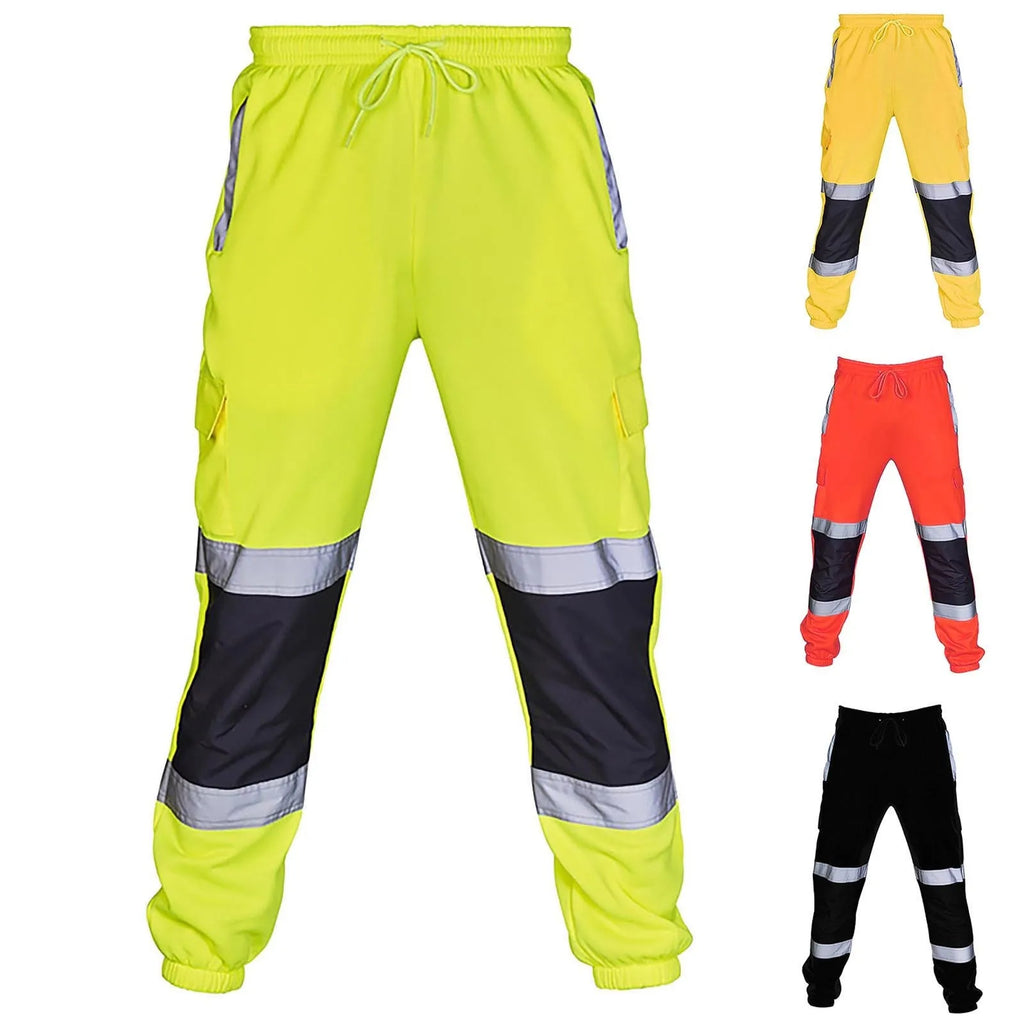 Men's high-visibility work trousers with reflective stripes, elasticated drawstring waist, and cargo pockets. Four colours.
