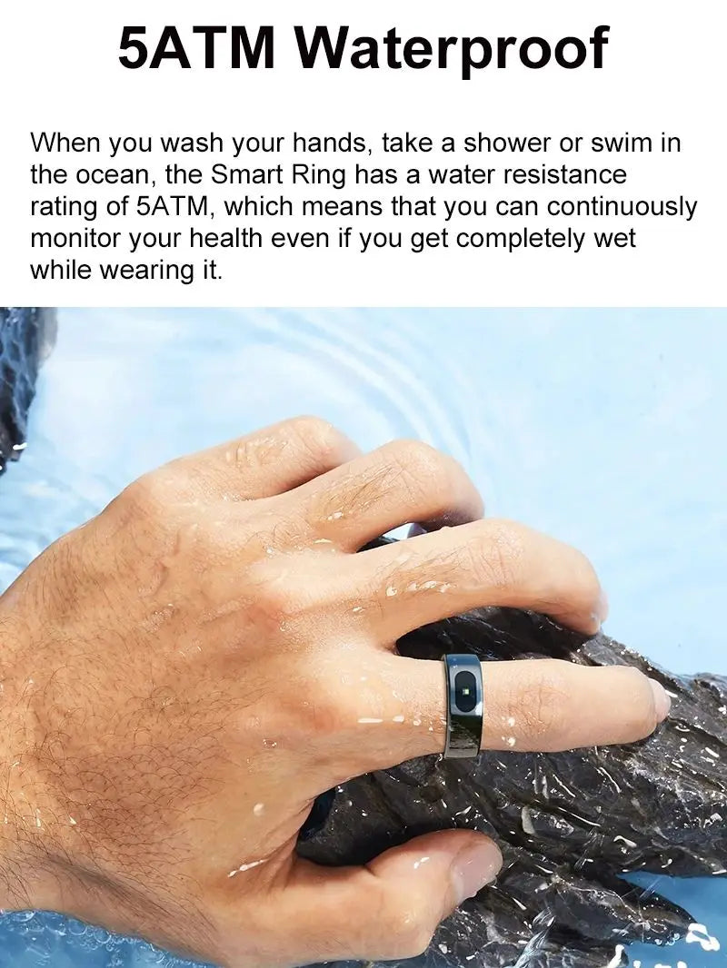 Sleek black smart health ring worn on a finger while submerged in water, highlighting its 5ATM waterproof design.