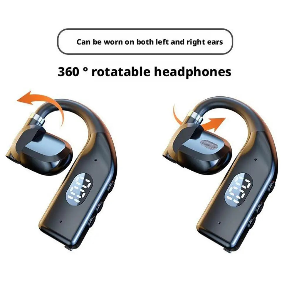 Black, 360-degree rotatable wireless ear hook headphones with a digital LED battery display.