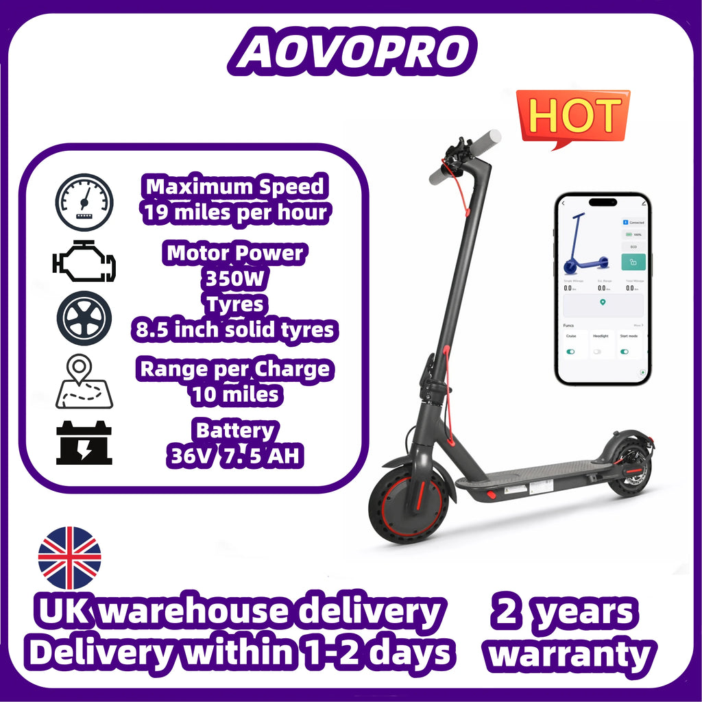 Black AOVOPRO smart electric scooter with red wheel accents and a smartphone app displaying stats nearby.