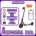 Black AOVOPRO smart electric scooter with red wheel accents and a smartphone app displaying stats nearby.