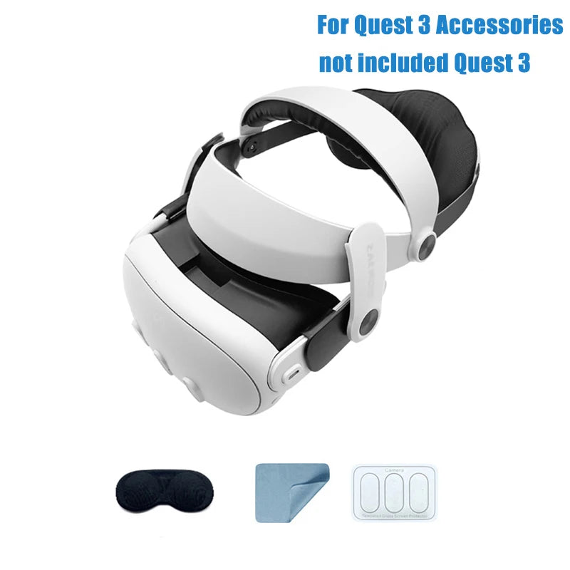 White adjustable halo strap for Meta Quest 3, with black padded head support, lens cover, cleaning cloth, and protector.