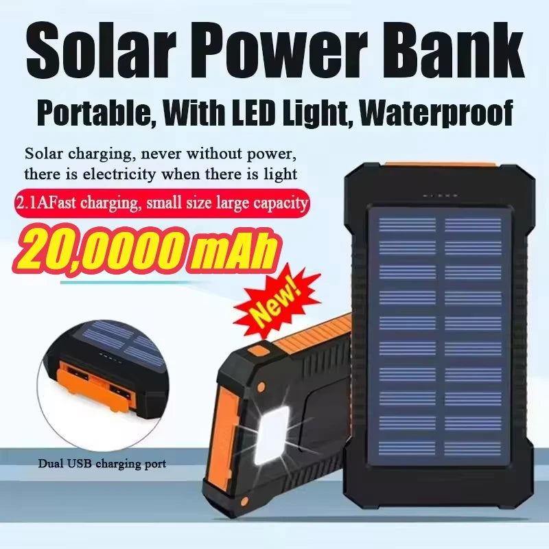 Black and orange portable solar power bank with built-in LED flashlight and dual USB ports.