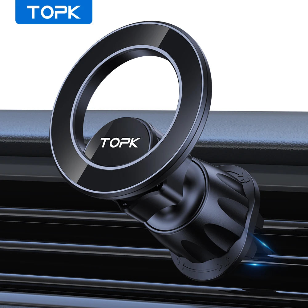 Black magnetic car phone mount with a circular ring design, attached to a horizontal vehicle air vent.