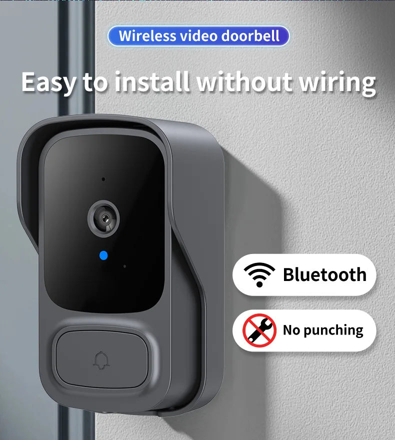A sleek, grey wireless video doorbell mounted on a wall, featuring a camera lens, bell button, and easy installation.