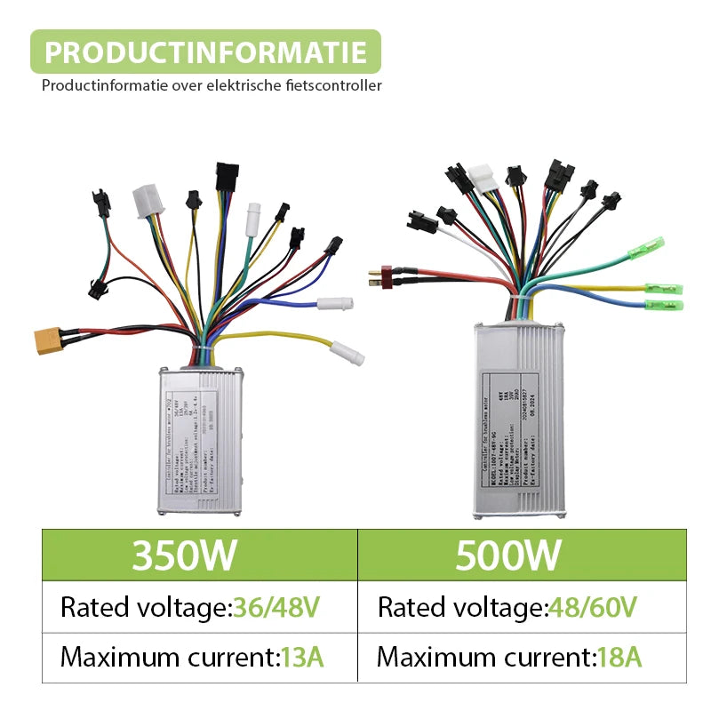 Two silver rectangular electric bike brushless controllers with multi-colored wires and connectors.