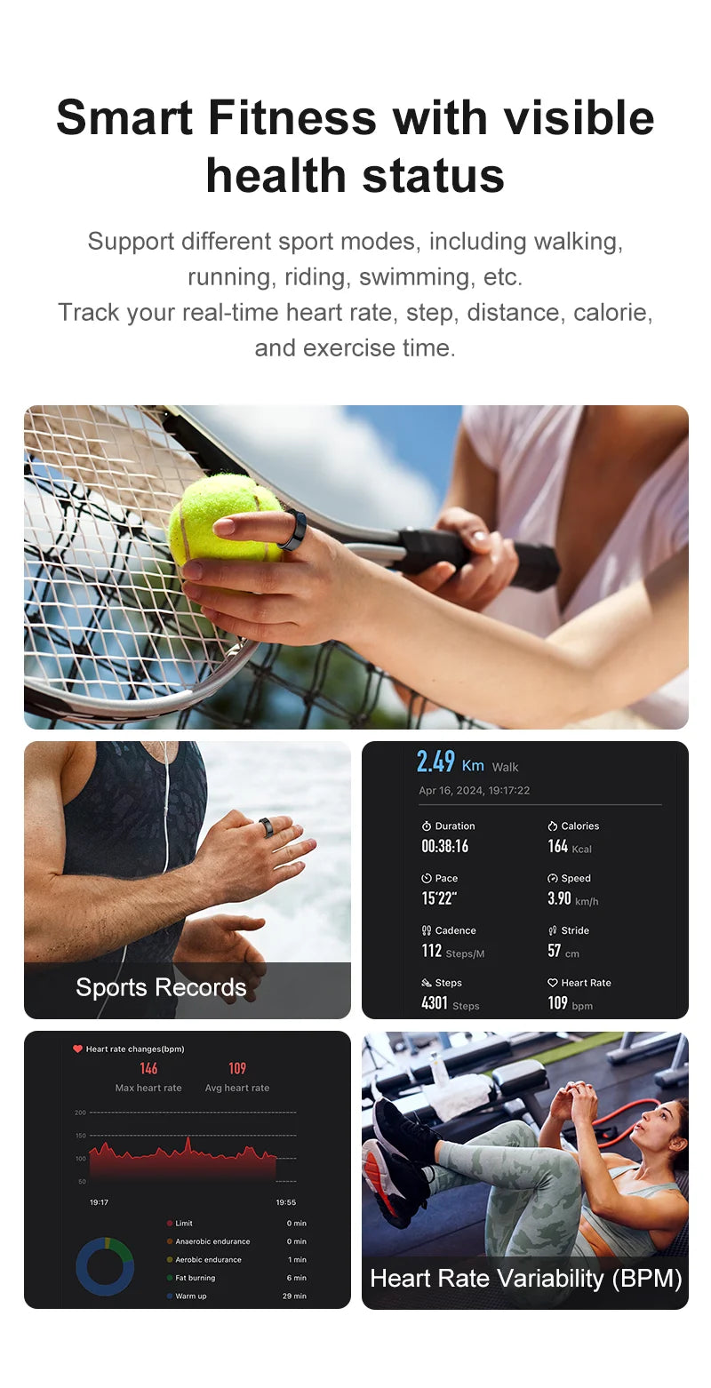 A sleek black smart ring worn while exercising, showcasing health tracking metrics, fitness data and heart rate monitoring.
