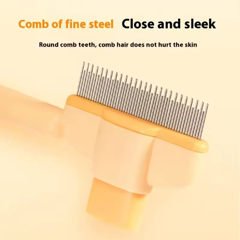 Fine-toothed steel pet grooming comb with a light orange plastic handle against a matching pale background.