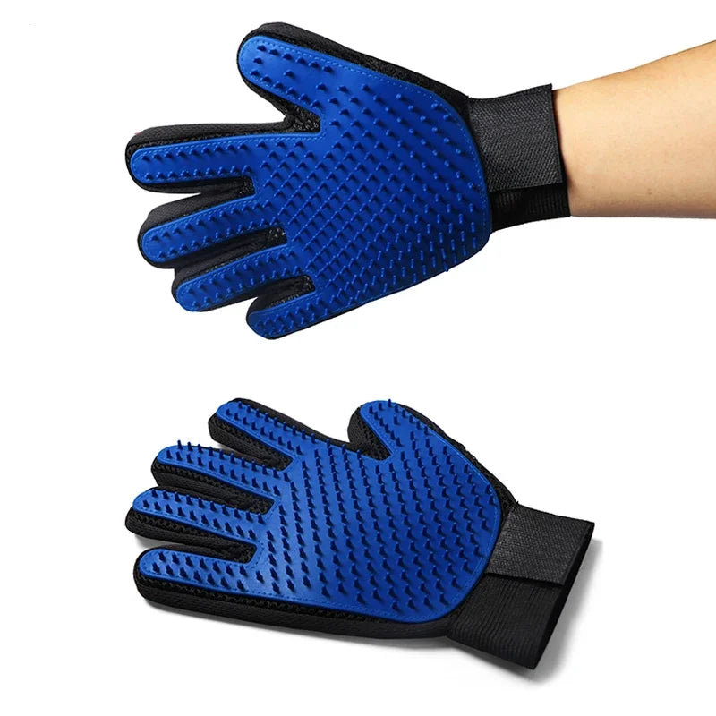 A pair of blue pet grooming gloves with black mesh backing and rubber bristles for de-shedding.