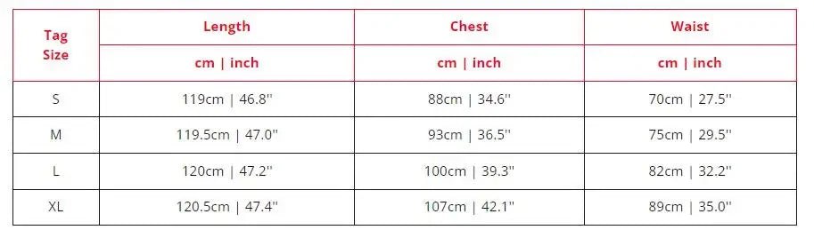 Clothing size chart showing length, chest, and waist measurements in cm and inches for sizes S to XL.