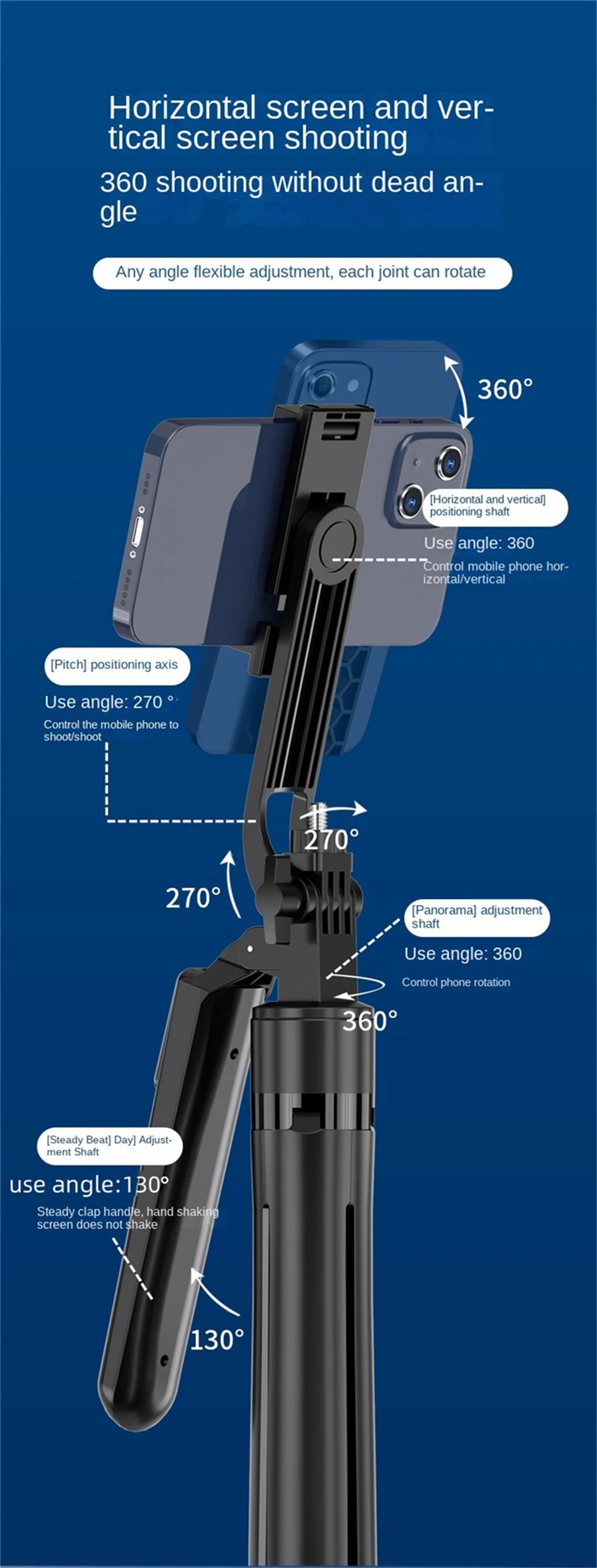 Black plastic smartphone tripod stand with adjustable, multi-angle rotating joints for horizontal and vertical shots.