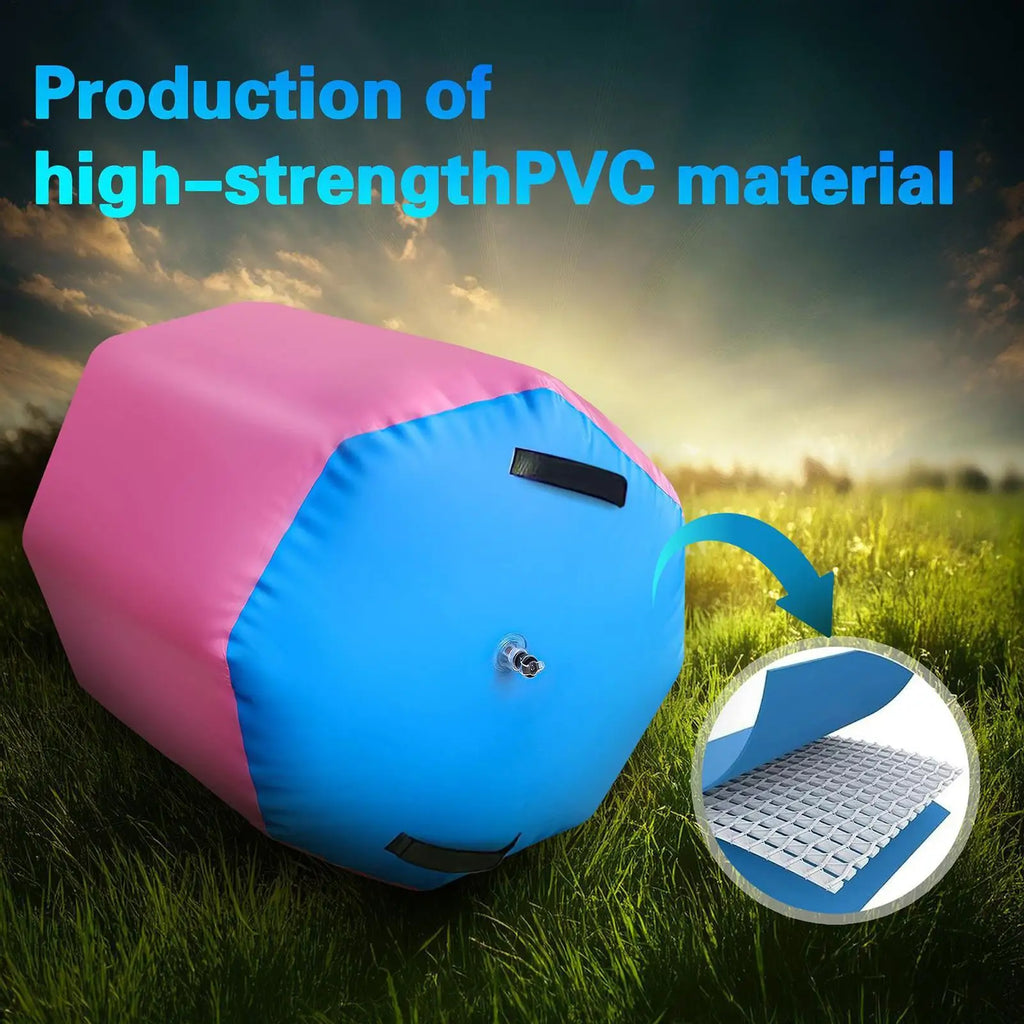 Pink and blue inflatable gymnastics air roller made of durable PVC, shown on a grass field with a material detail.