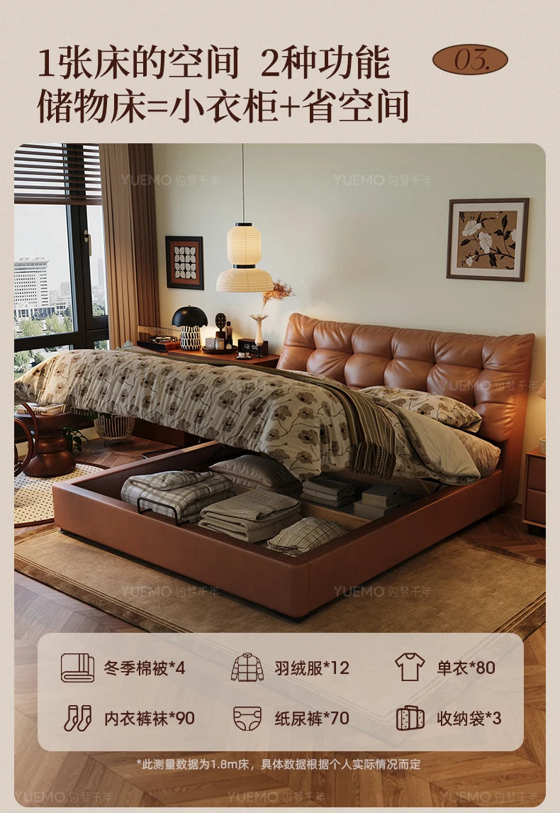 Modern Nordic double bed in tan leather with an upholstered buttoned headboard and practical under-bed storage space.